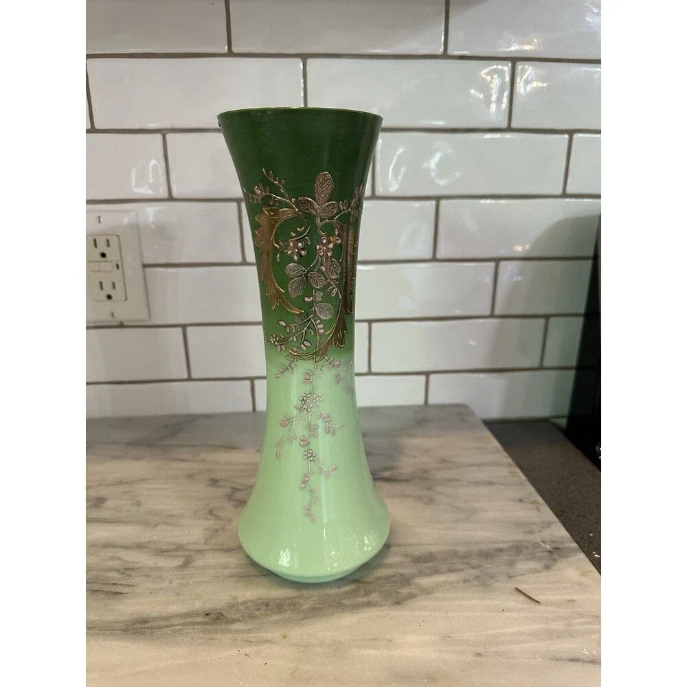 Opaline Two Tone Green Art Glass Gilt Flowers Hand Painted Vase Victorian 11.5
